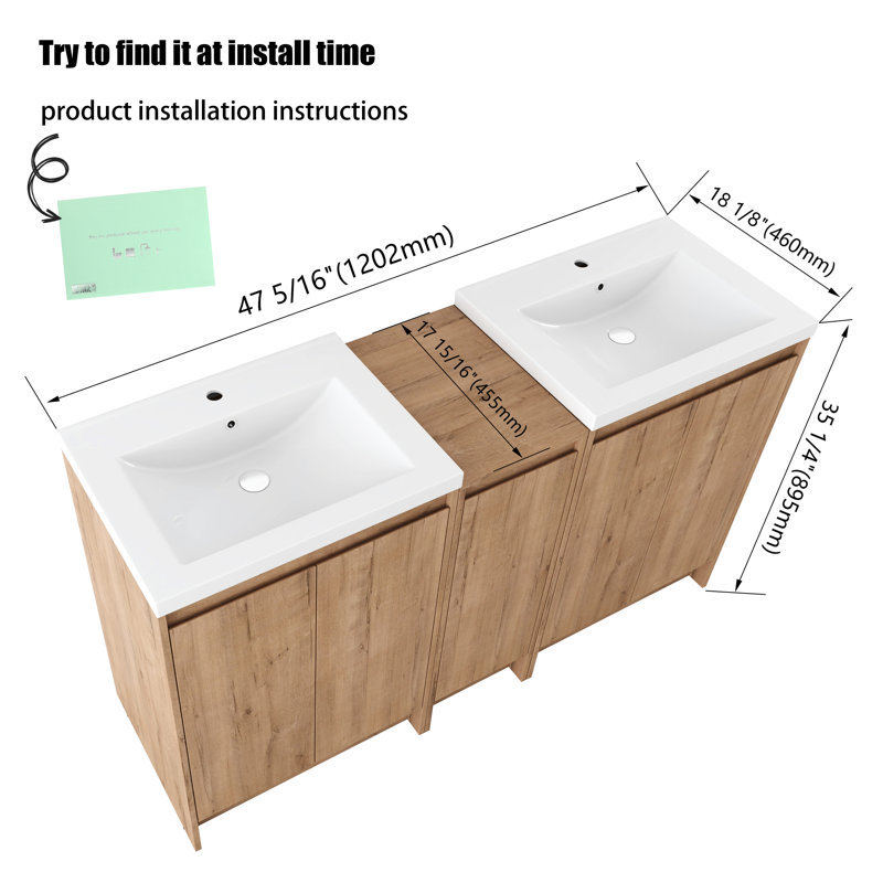 Meuble-lavabo double autoportant 60 po avec plateau en résine et portes à fermeture en douceur 60 po, 60"