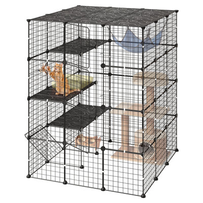 Cat Cage 4-Tier 40.98"x40.98"x55" DIY Cat Playpen Indoor Enclosure, Detachable Metal Wire Kennel Crate with 4 Doors, Large Exercise Place Ideal for 2-3 Cats, Kittens and Small Animals, Black