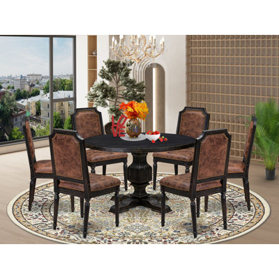 7-Piece Mid Century Modern Dining Table Set Contains a Round Dinner Table and 6 Brown Textured Polyester Chairs with High Back, Sand Blasting Black Finish.