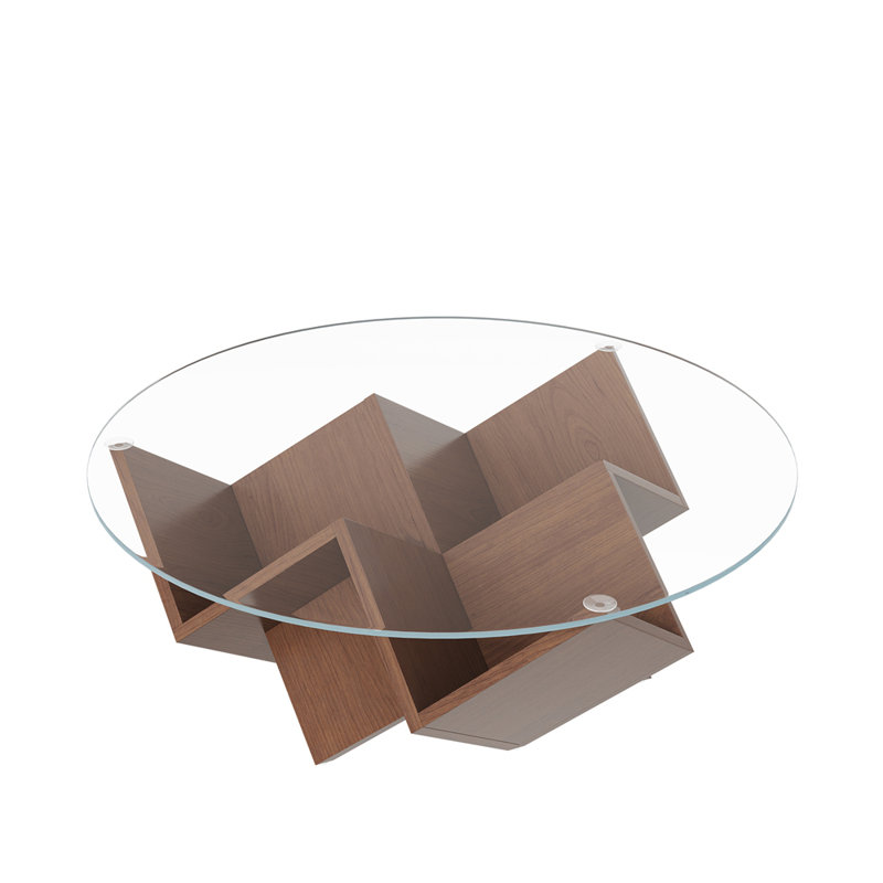 The Round Coffee Table with Glass Top and Geometric Abstract Art Deco Base Storage Shelves, Walnut, 35.4"