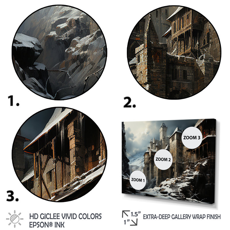 Mediaval château en hiver charme IV - Châteaux, art mural, Cadre flottant doré, H 16 po x l 32 po x P 1 po