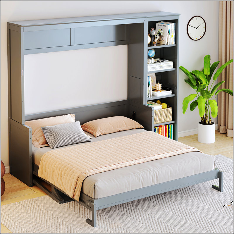 Lit escamotable double avec bureau et bibliothèque, Gris, Double