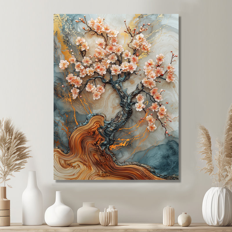 Fleur de cerisier doré jardin de beauté éphémère II - fleur de cerisier en métal, H 20 po x l 12 po