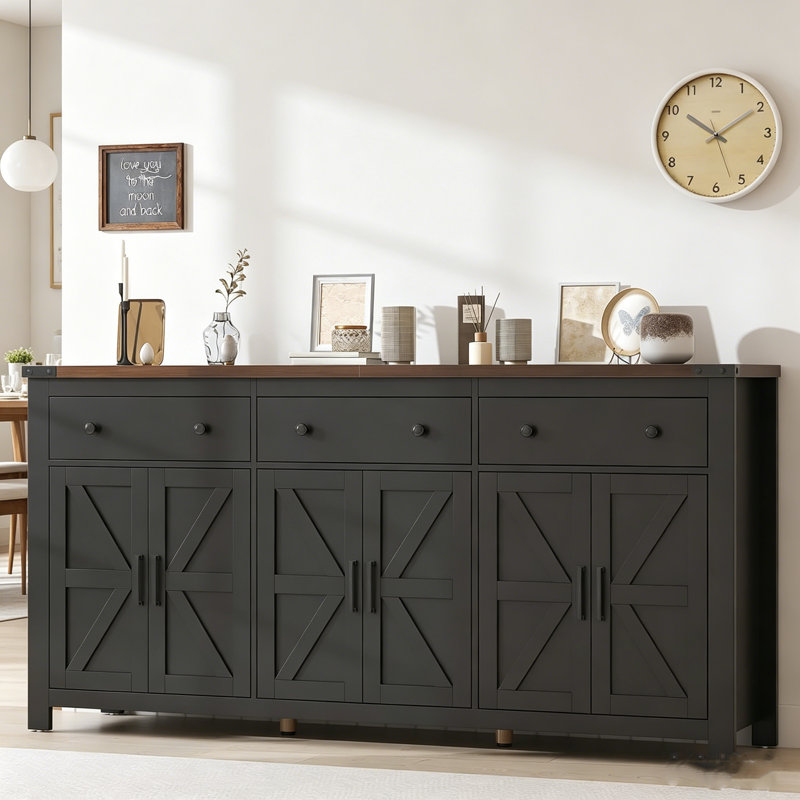 Grand buffet 71 po avec 3 tablettes réglables et 3 grands tiroirs, Noir