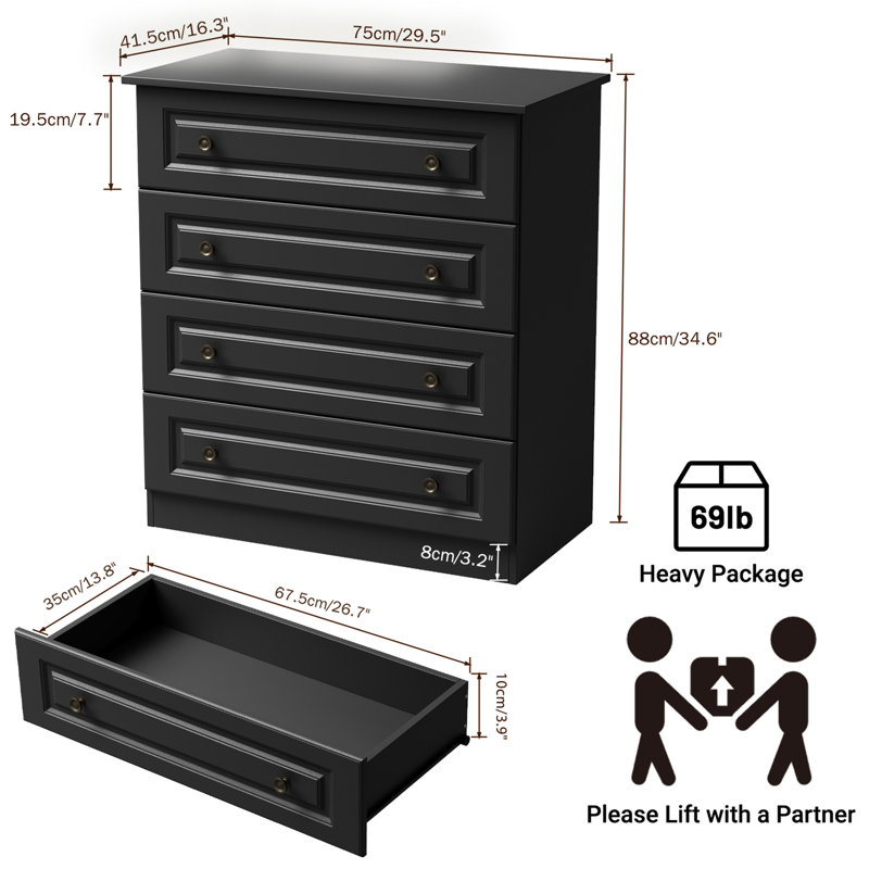 29.5" W Modern 4 Drawer Dresser, Drawer Chest, Wooden Storage Dresser for Closet and Living Room, Black, Black