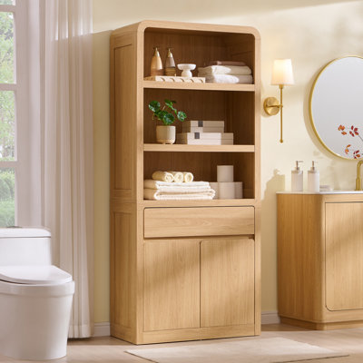 Apollo Maud Modern 72" Tall  Bathroom Storage Cabinet with Doors & Drawer, 5-Tier Large Shelving Unit with Adjustable Shelves, Versatile Cabinet w/Curved Profile Design, Natural