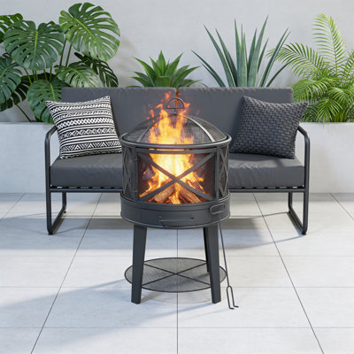 Outdoor 18-Inch Mini Wood Burning Fire Pit With Fire Poker And Round Bbq Grill, Black