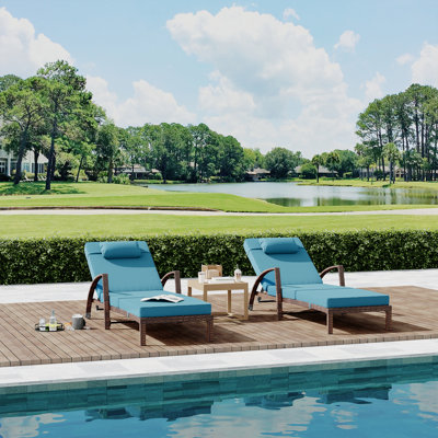 2-Pack Outdoor Chaise Lounge Chairs with Table, All-Weather Wicker Pool Lounge Chairs, 5-Position Adjustable Backrest, 380 LBS Capacity Patio Furniture for Poolside, Deck, Peacock Blue