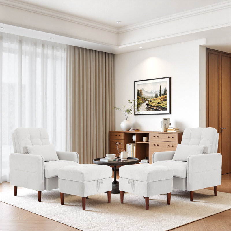 Upholstered Corduroy Armchair With Footstool, White