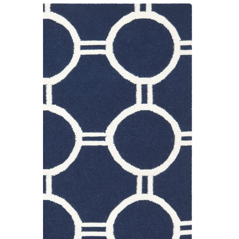 Rodgers Hand Woven Flat Weave Wool/Cotton Geometric Rug in Blue, Rectangle 5' x 8'
