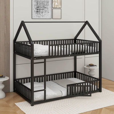Twin Over Twin House Bunk Bed With Fence And Door