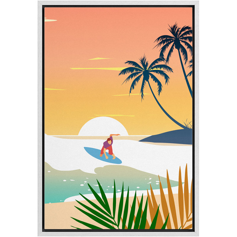 «Coastal Beach Surfing On The Waves At Sunset», reproduction sur toile flottante, H 24 po x l 16 po x P 1,5 po, Cadre blanc