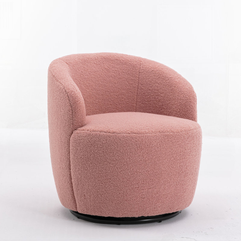 Swivel Accent Armchair Barrel Chair With Powder Coating Metal Ring, Light Pink Teddy
