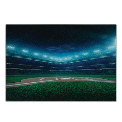Ambesonne Sports Tempered Glass Cutting Board Baseball Stadium Night Green Blue