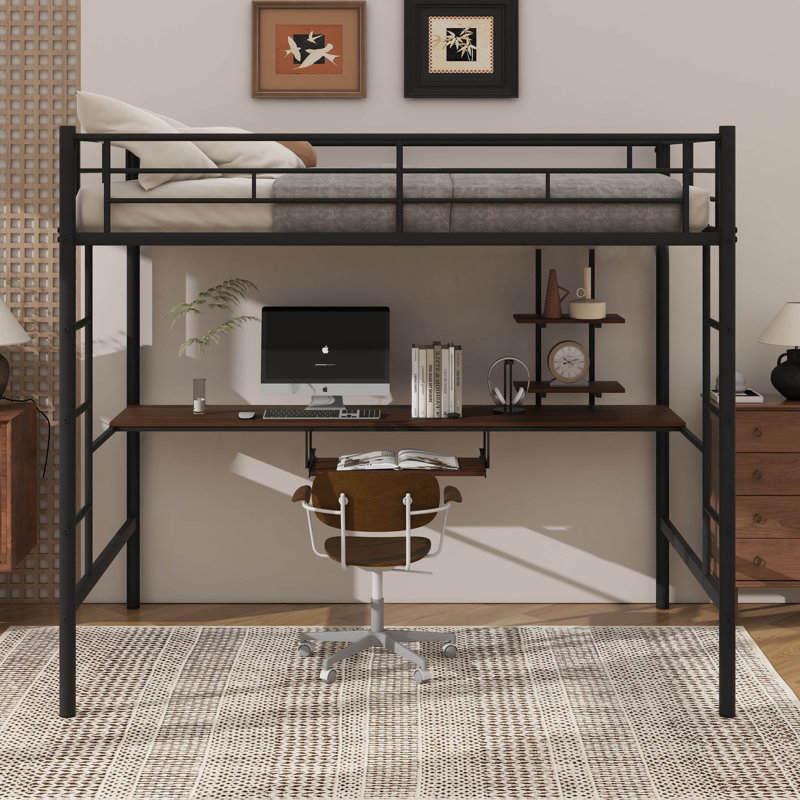 Lit mezzanine double avec bureau intégré et tablettes