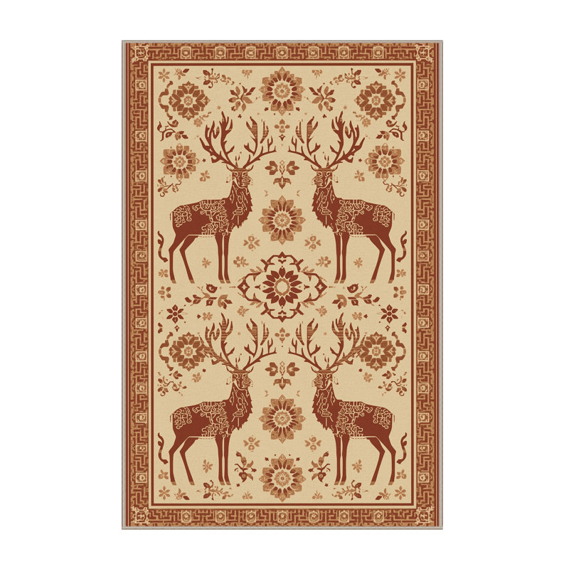 Machine Washable Ozain Reindeer Caribou Classic Oriental Rug in Brown – Beige Binding, 8 x 10