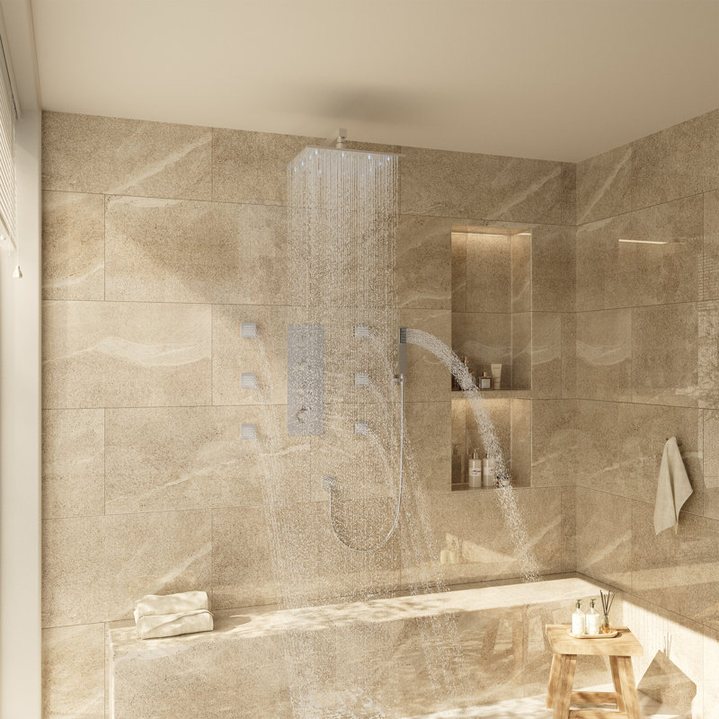 3-Function LED Light Thermostatic Rainfall Shower System with 6 Body Jets and Rough-in Valve, Brushed Nickel