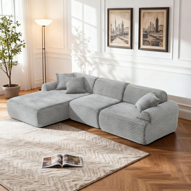 105'' Modular Sectional Sofa Couch, Antique Gray Corduroy, Left Hand Facing