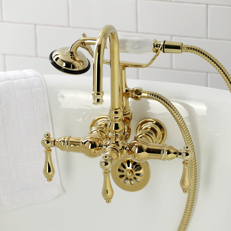 Kingston Brass Vintage Three-Handle 2-Hole Tub Wall Mount Clawfoot Tub Faucet with Hand Shower, Polished Brass