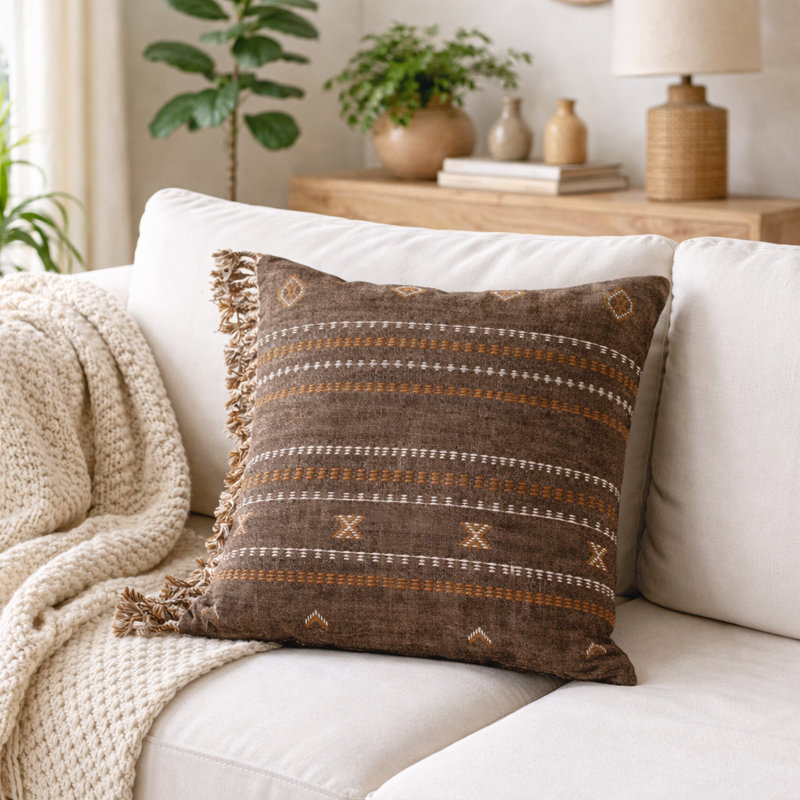 Embroidered Linen Pillow Cover, Brown