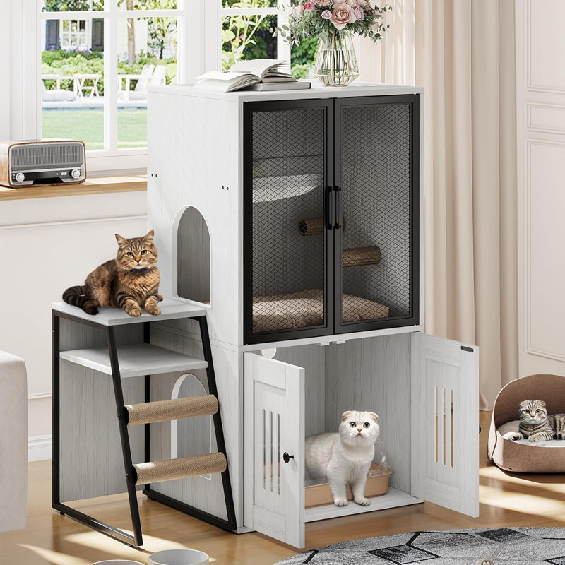 Double bac à litière avec échelle et portes, maisonnette multi-chats avec espace de rangement et hamac, Blanc