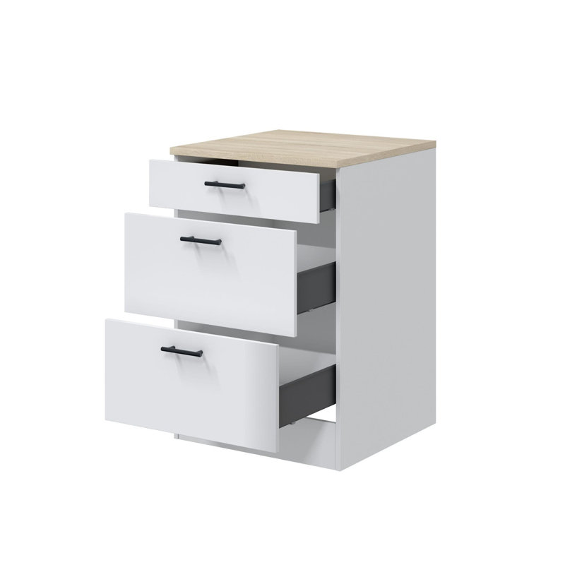 Magno Modular 600mm 3 Drawer Kitchen Cabinet Base Unit White Gloss