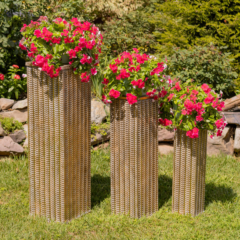 Ensemble de 3 piédestaux décoratifs en métal doré givré assortis, Or givré