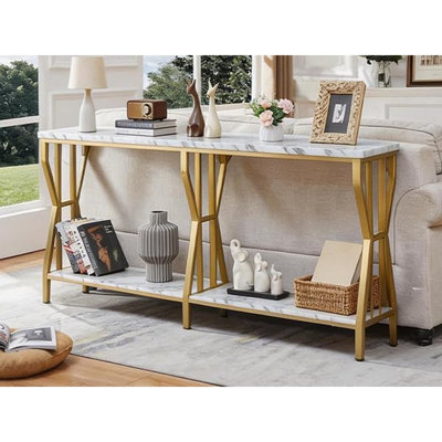 Console extra longue à 2 niveaux de rangement, style industriel, idéale pour passer derrière un canapé, entrée étroite, couloir ou salon, couleur or.