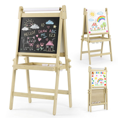 3-in-1 Adjustable Kids Art Easel with Magnetic Whiteboard, Chalkboard, and Paper Roll