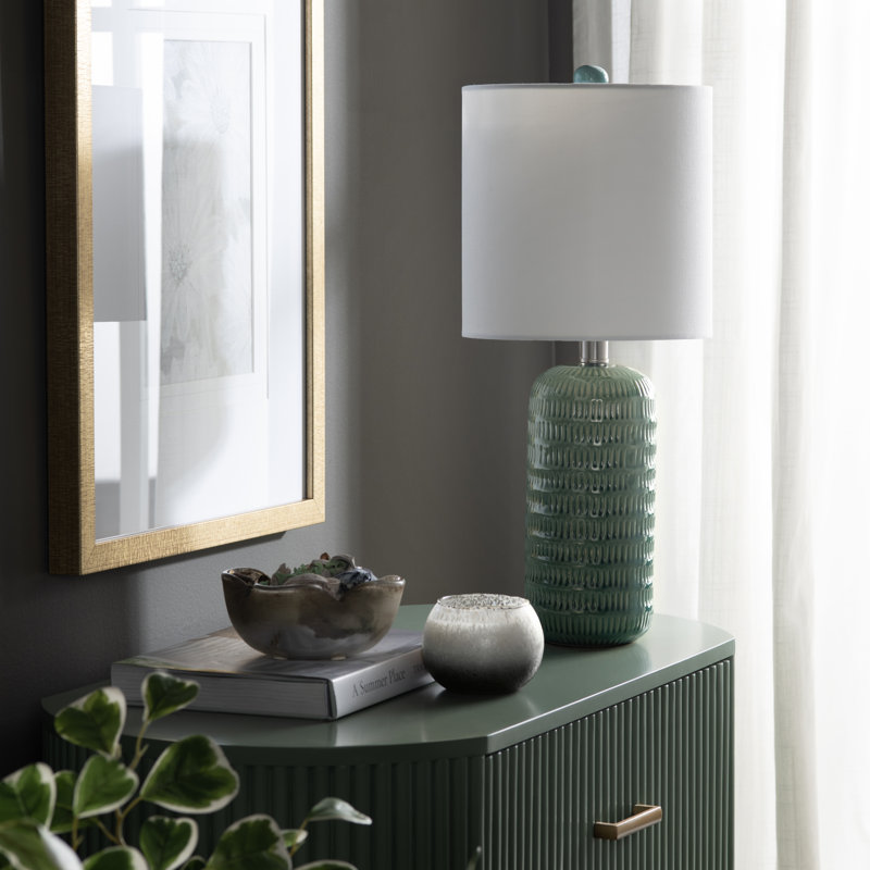 Set Of 2 Ceramic Table Lamp With Linen Shade, White, Green