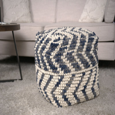 Wool and Cotton Pouf Ottoman - Natural/Blue