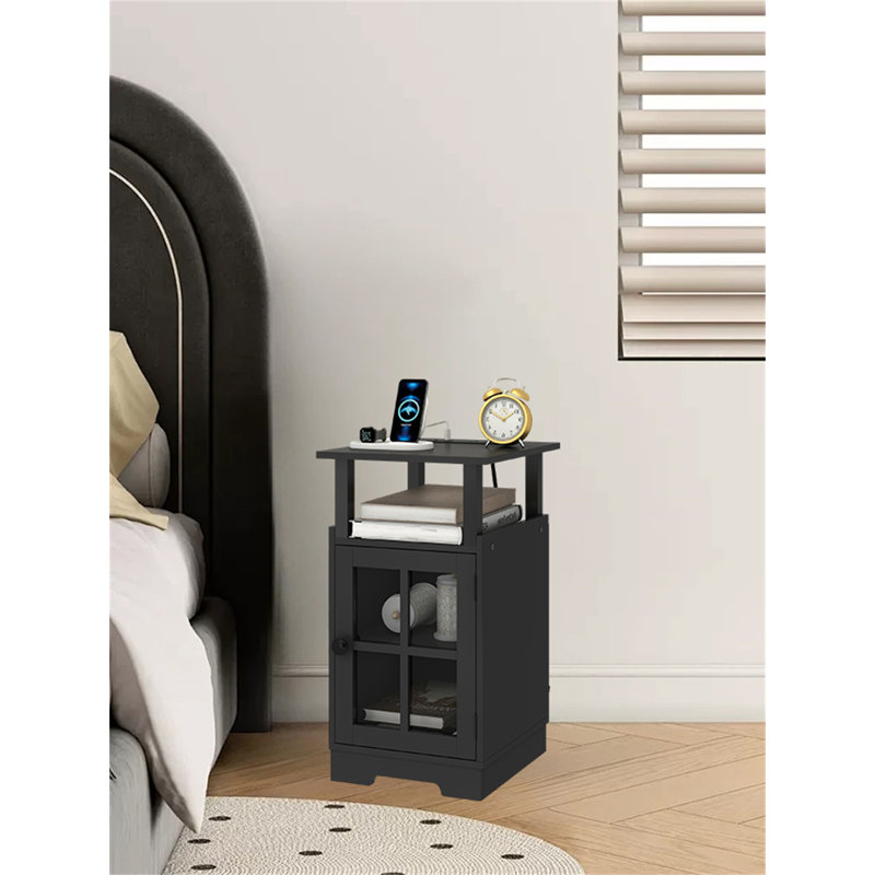 Multi-Functional Bedside Table With Charging Station & Storage, Black