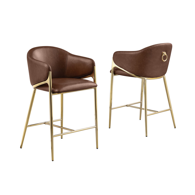 Chaises Leathaire à hauteur comptoir avec base en chrome poli, Siège moka / cadre doré