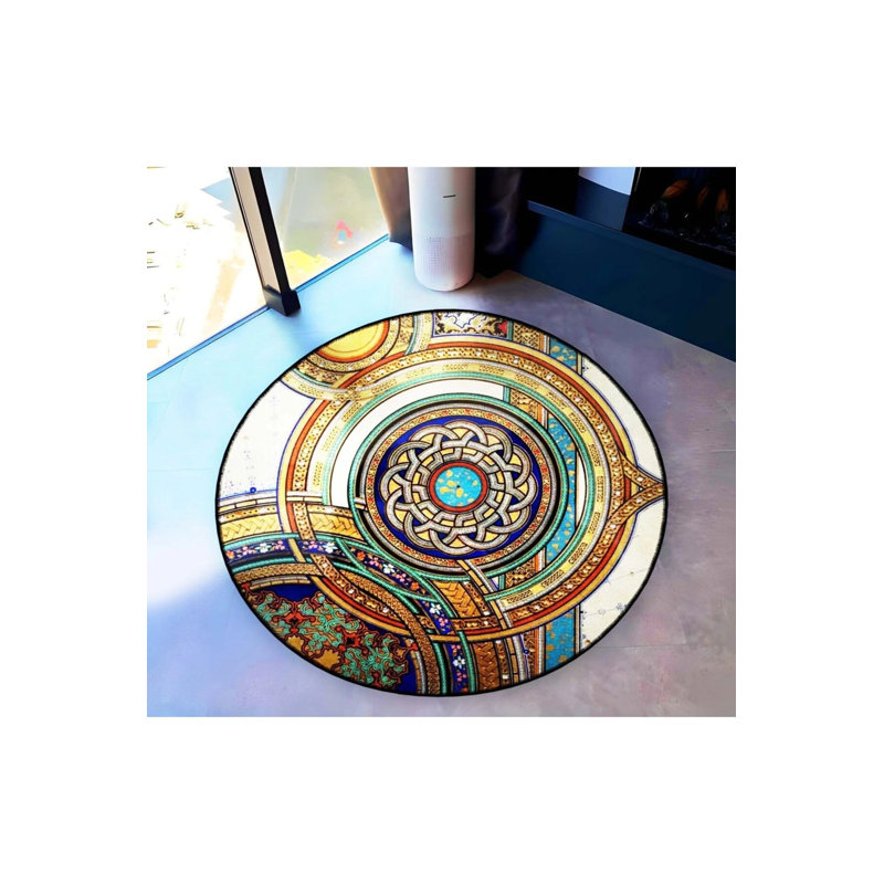 Multicolored Ethnic Motif Patterned Round Woven Base Vintage Decorative Carpet, Round 3'4"