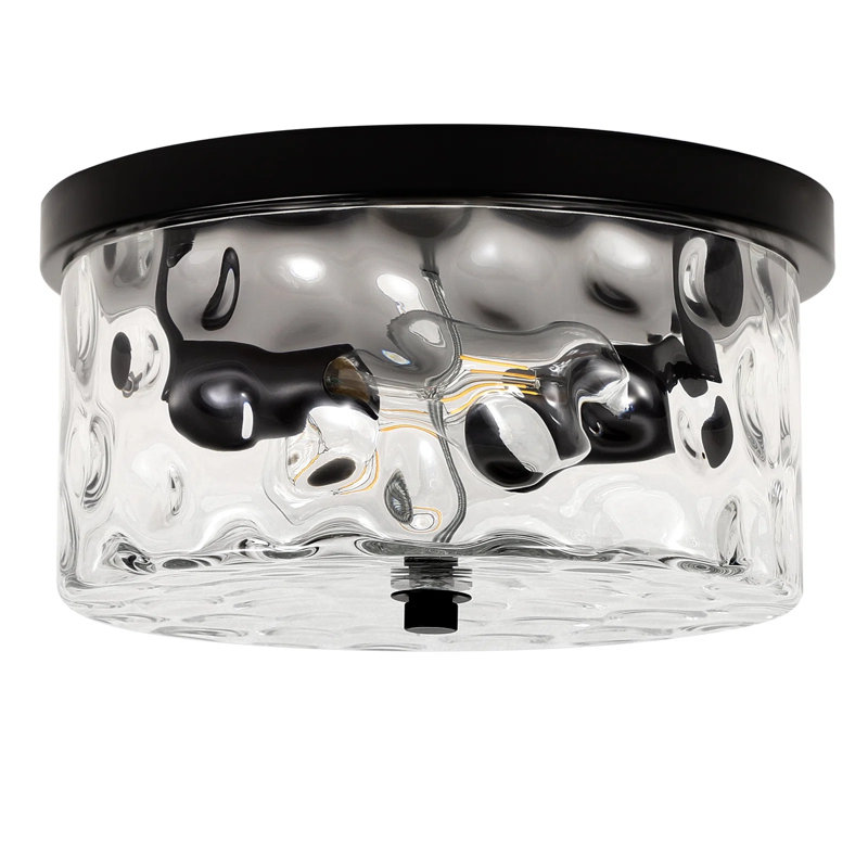 Alixandra 2-Light Flush Mount Ceiling Light With Clear Hammered Glass, Matte Black, 11.81" L x 11.81" W x 5.9" H