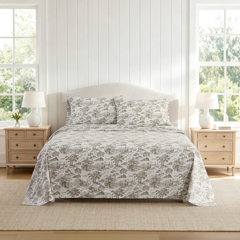 Ensemble de draps en percale de coton Martha Stewart, Ensemble de draps pour lit simple avec 1 taie d'or, Amelie Toile - brun