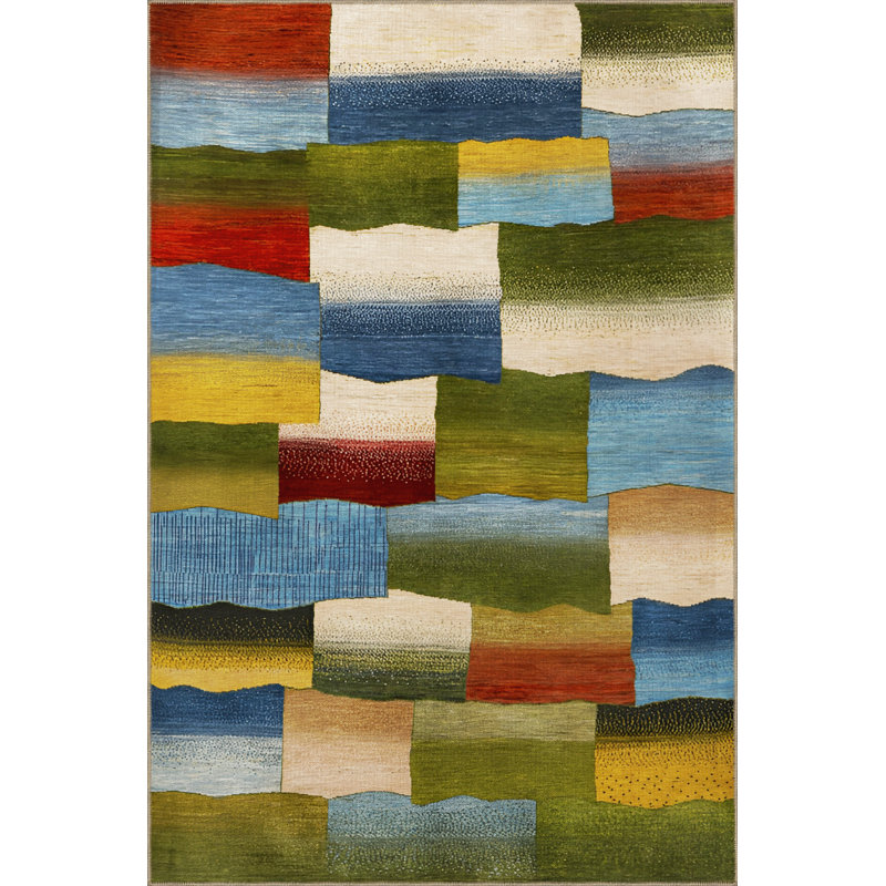 Tapis décoratif moderne multicolore à motif géométrique vert-bleu, Rectangle 5 pi 1,02 po x 7 pi 6,55 po