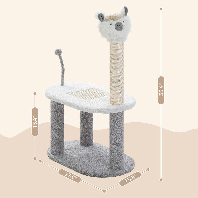 Alpaca-shaped cat tree with sisal scratching posts and spring balls