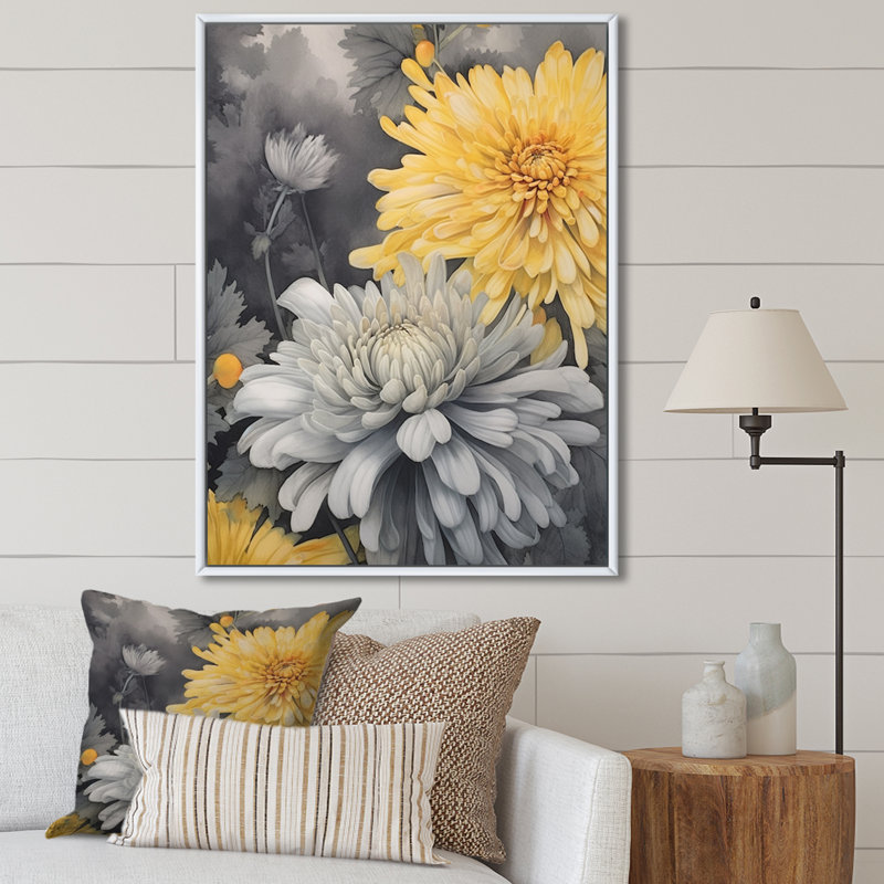 " Yellow Gray Mums Spendor ", 20" H x 12" W x 1" D, White Floater Frame