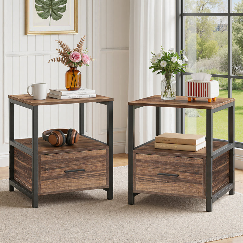 3 Pieces Bedroom Set, Bed Frame with Velvet Upholstered Headboard, Platform Bed Frame and 2 Nightstands with Drawer, No Box Spring Needed, Easy to Assembly