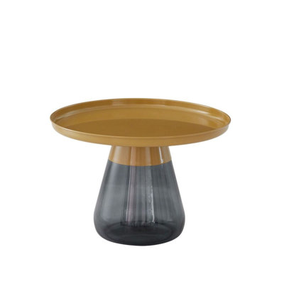 24" W Smoky Grey Glass Pedestal Base with Matte Gold Iron Tray Top Nesting Table