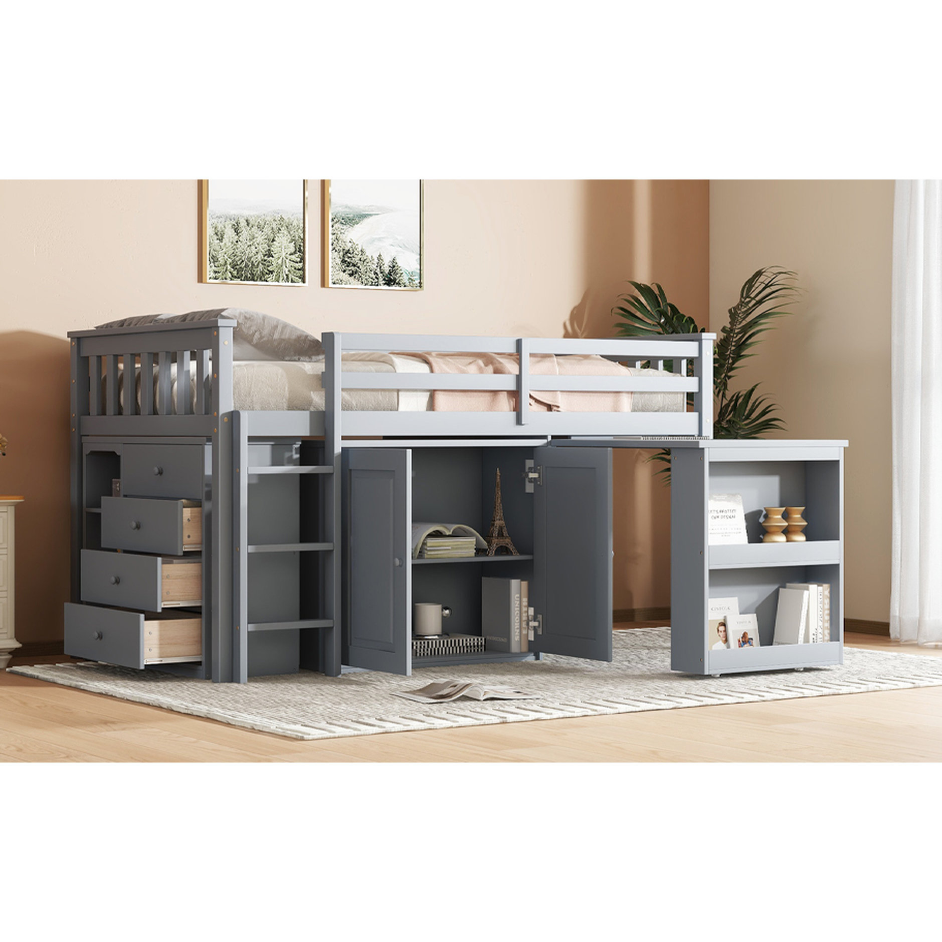 Latitude Run® Twin Size Loft Bed With And Storage Space - Grey Rubber ...