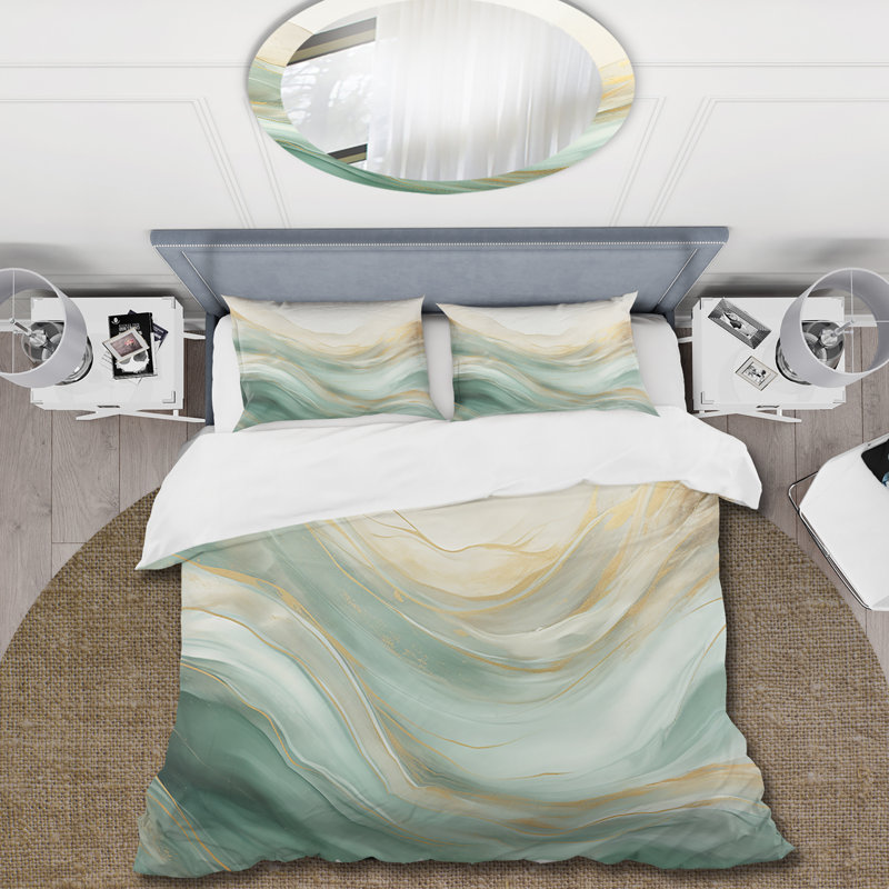 Ensemble de housse de couette or et vert Soft Wave Fusion I - Abstract Shapes