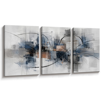 Œuvre abstraite aux lignes courbes bleues, Décoration murale pour bureau, Impression giclée sur toile encadrée, 3 pièces - 61 x 91 cm (24 x 36 pouces)