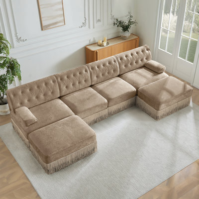 4-Seater with 2 Ottomans Cloud Modular Sectional,Tassel Skirt,Button Tufted Design,High-density High Resilience Foam,Ergonomic Design,Premium Wooden B
