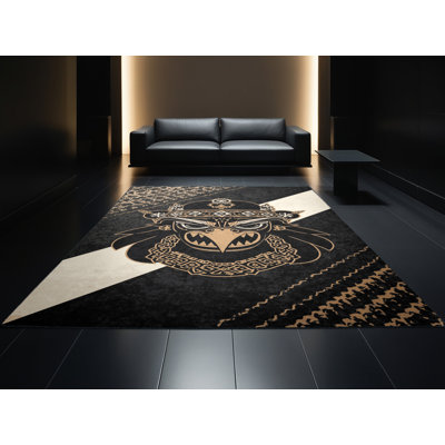 Machine Washable Rocco Tengu Warrior Mask Global Inspired Moroccan Rug in Black – Black Binding