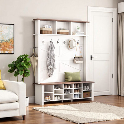 Arbre d'entrée 4 en 1 avec banc d'entrée et range-chaussures Farmhouse, 6 crochets, 16 compartiments, tablettes réglables, noyer et blanc