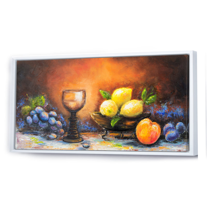 Nature morte, vin et fruit - Peinture sur toile, H 16 po x l 32 po x P 1 po, Cadre blanc