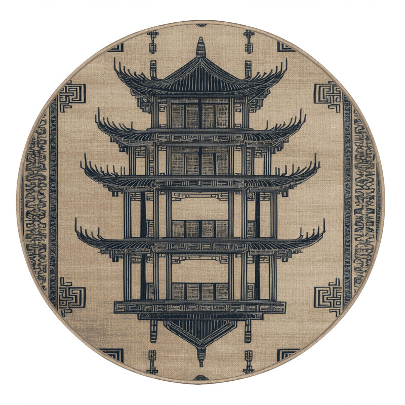Machine Washable Art Deco Brown Area Rug, Round 4'