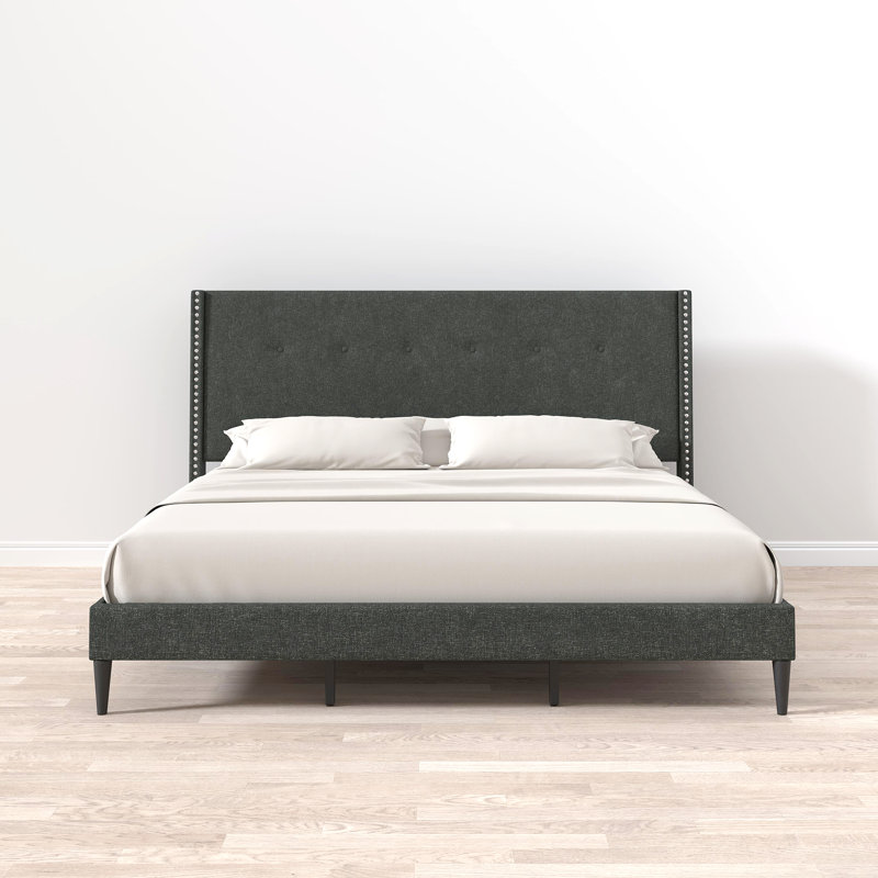 Burchfield Upholstered Wingback Bed, Gray, King